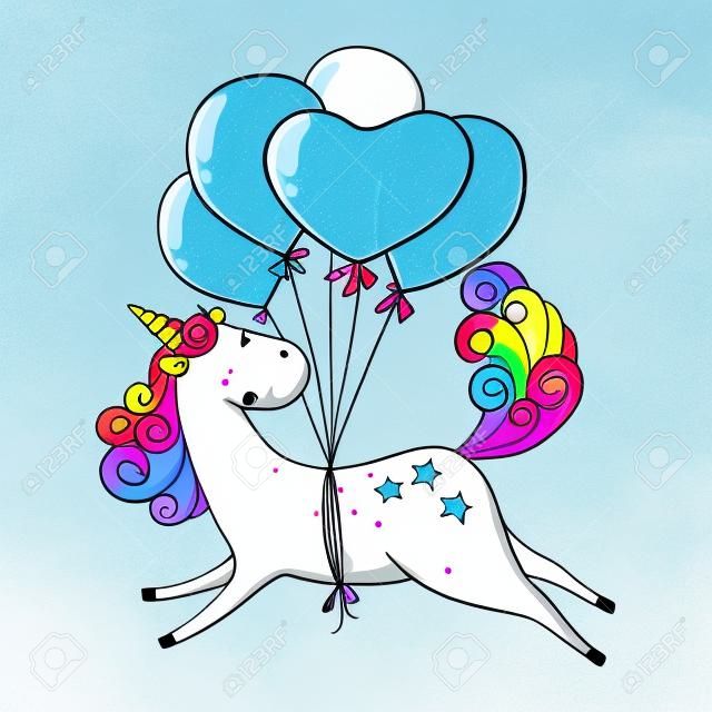 Ręcznie rysowane kreskówka jednorożec latający na balony na białym tle.