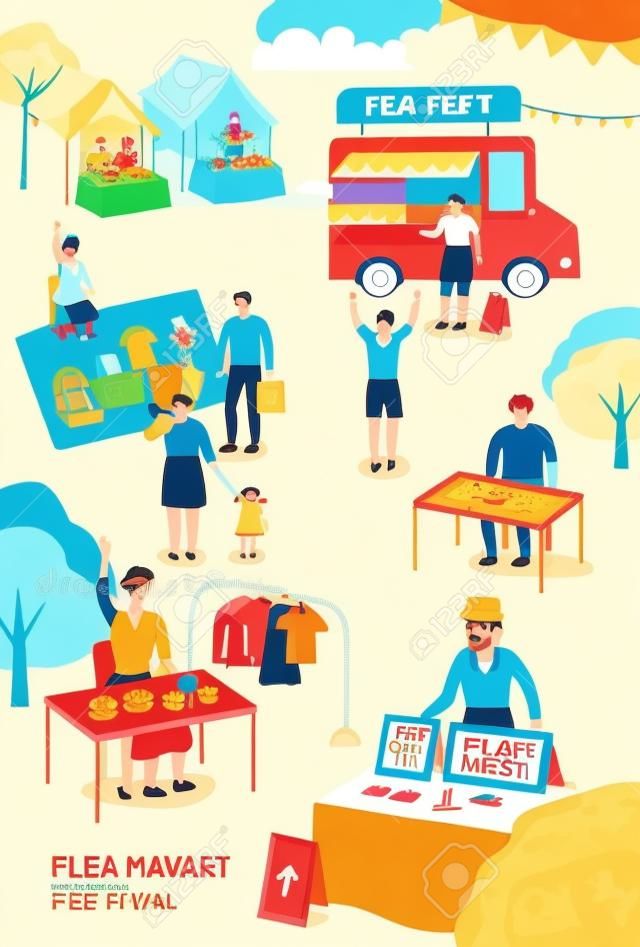 Flea market festival. Poster template voor outdoor festival. Platte cartoon kleurrijke vector illustratie.