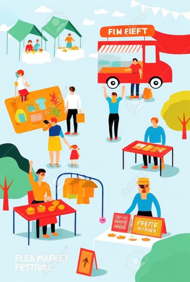 Festival del mercado de pulgas. Plantilla de cartel para festival al aire libre. Ilustración de vector colorido de dibujos animados plana.
