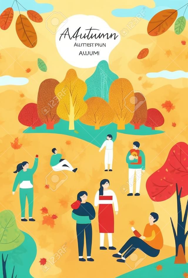 Festival de otoño. Plantilla de cartel para festival al aire libre. Ilustración colorida de dibujos animados plana.