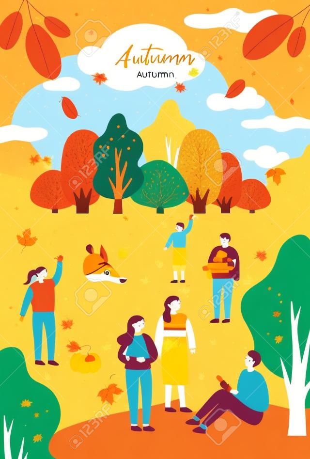 Herbstfest. Plakatvorlage für Outdoor-Festival. Bunte Illustration der flachen Karikatur.