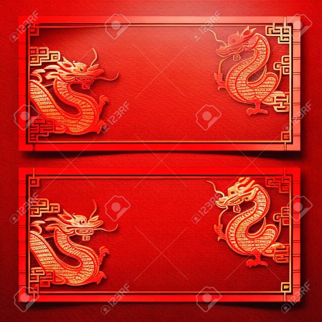 Modelo tradicional chinês com dragão chinês no fundo vermelho