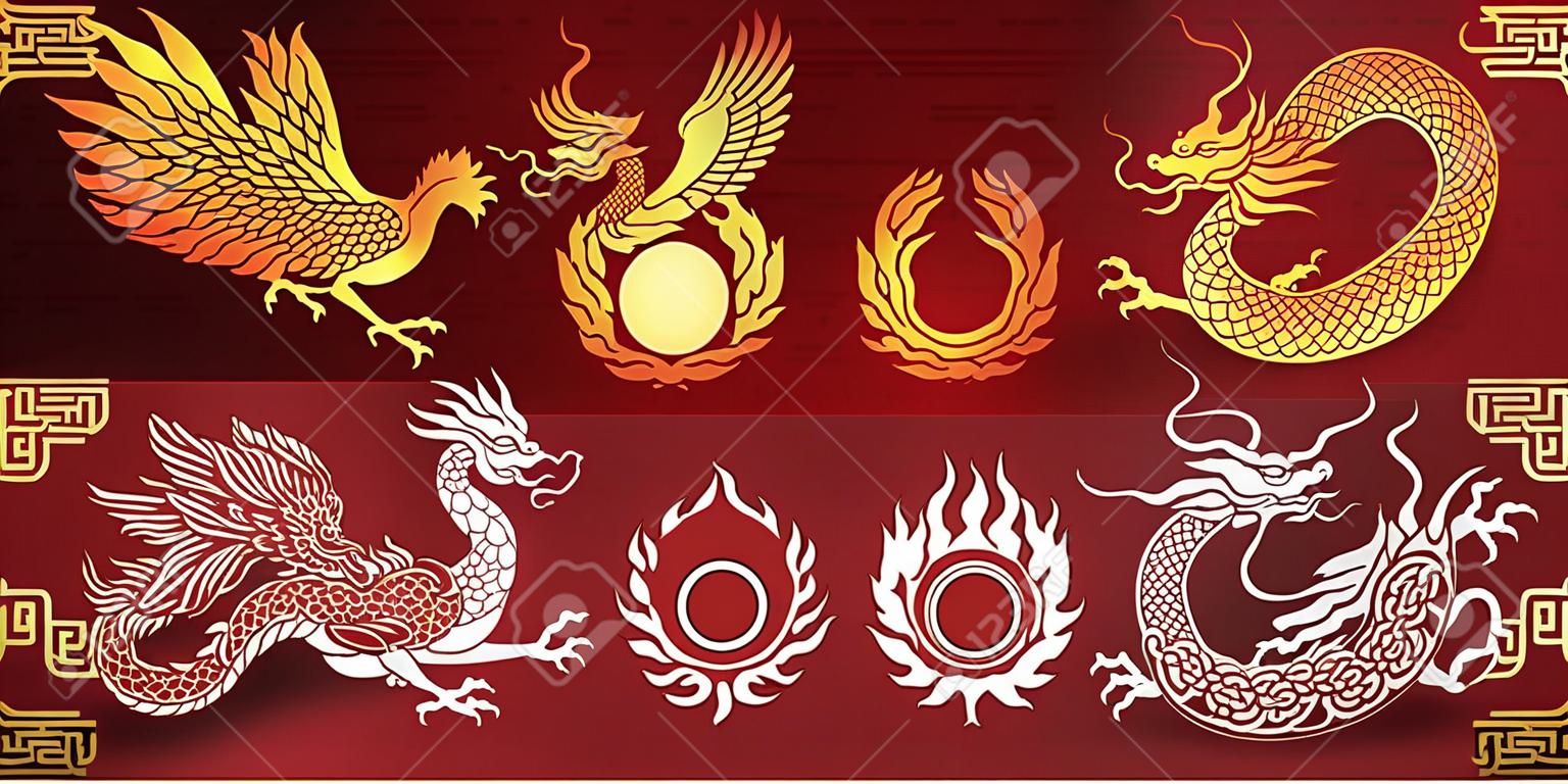 Traditionelle chinesische Vorlage mit chinesischen Drachen und Phönix auf rotem Hintergrund