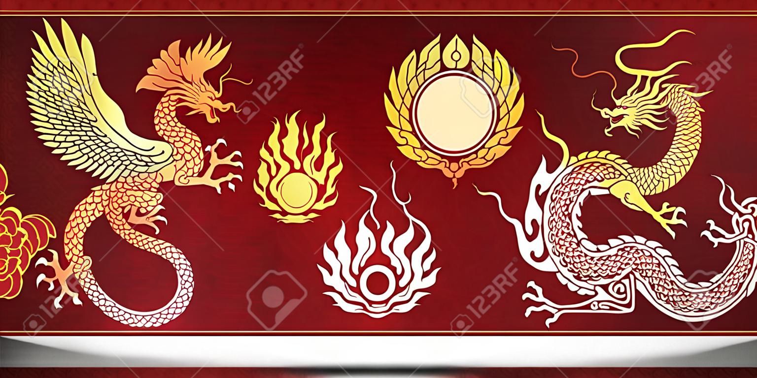 Traditionelle chinesische Vorlage mit chinesischen Drachen und Phönix auf rotem Hintergrund
