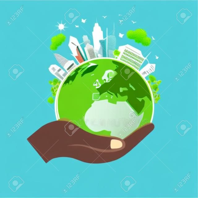手拿绿色地球球与城市矢量插图