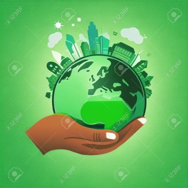 雙手握住綠色地球地球與城市，矢量插圖