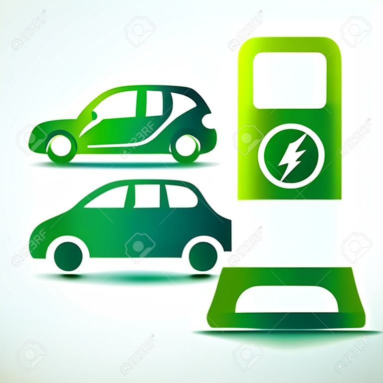 电动汽车和充电站oncept绿色驱动器符号，矢量图