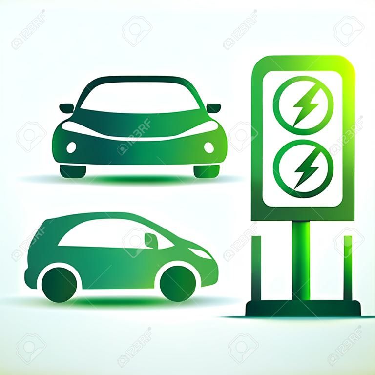 Elektrische auto en elektrische laadstation oncept groene aandrijving symbool, Vector illustratie