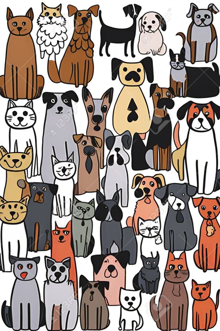 Doodle disegnato a mano Funny Dogs and Cat Set, illustrazione vettoriale.
