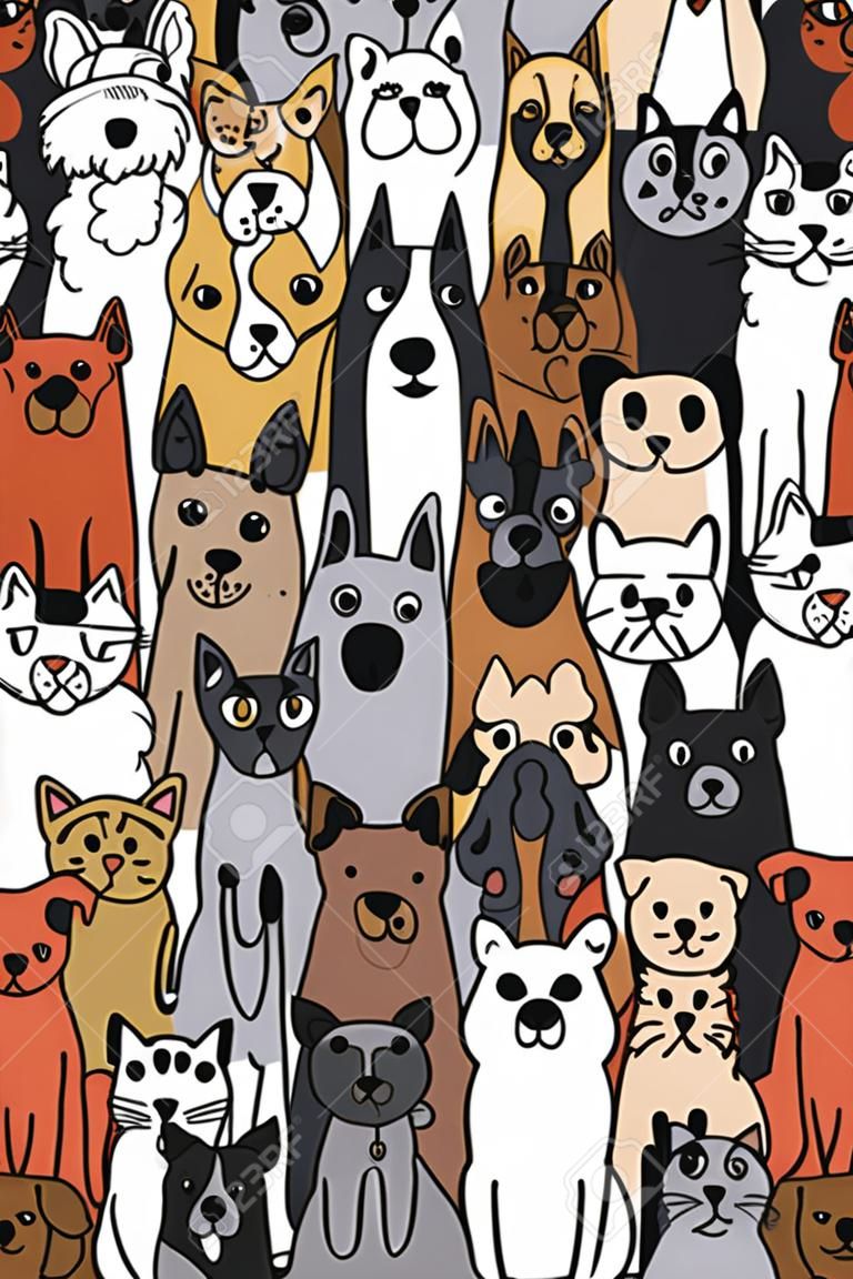 Doodle disegnato a mano Funny Dogs and Cat Set, illustrazione vettoriale.