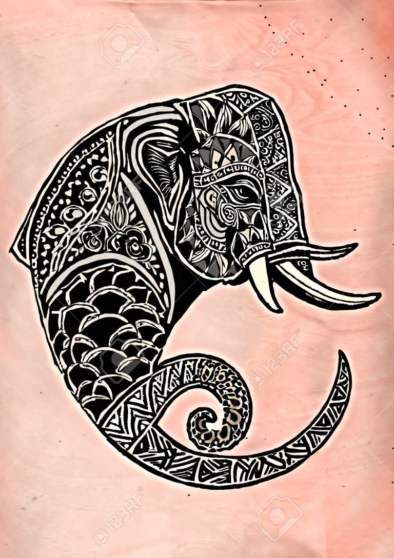 cabeza de elefante. elefante adornado. Mano vector dibujado