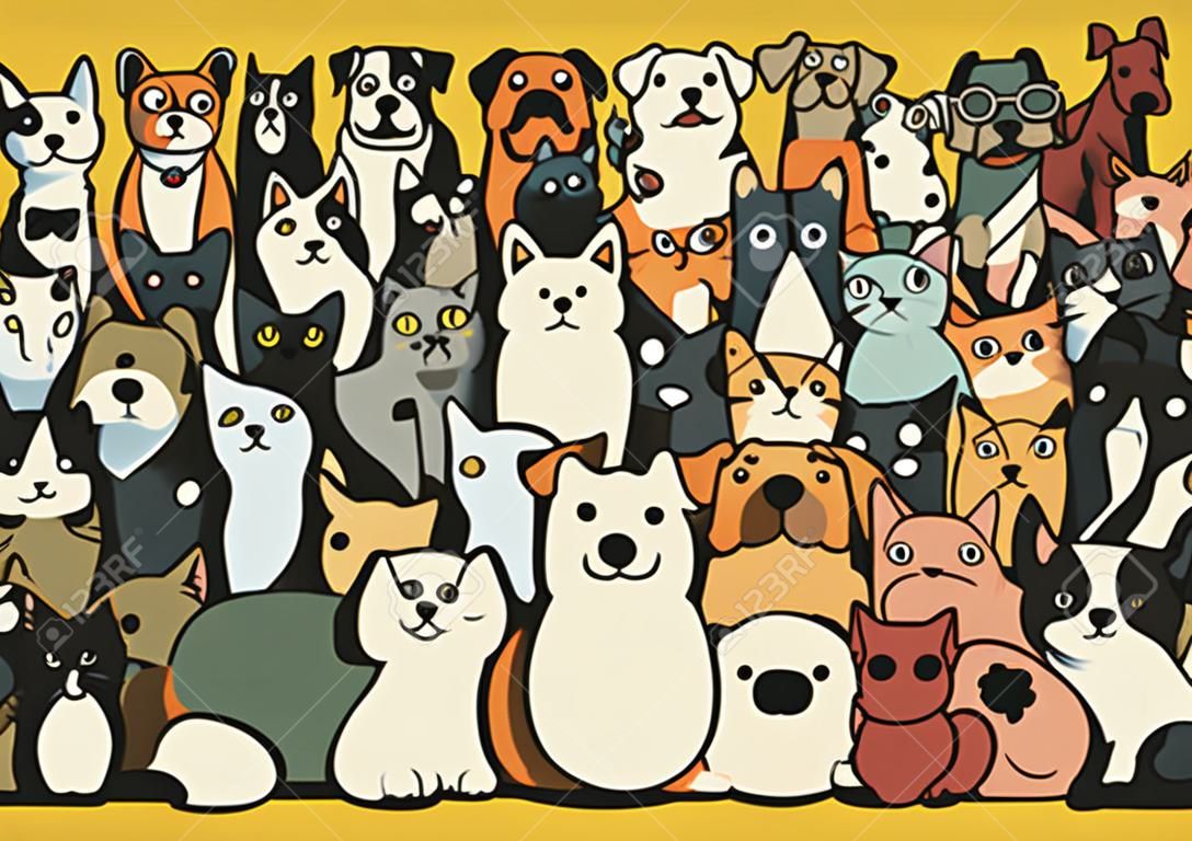 groupe de chiens et de chats de griffonnage, différentes espèces de chiens et de chats, Illustration vectorielle