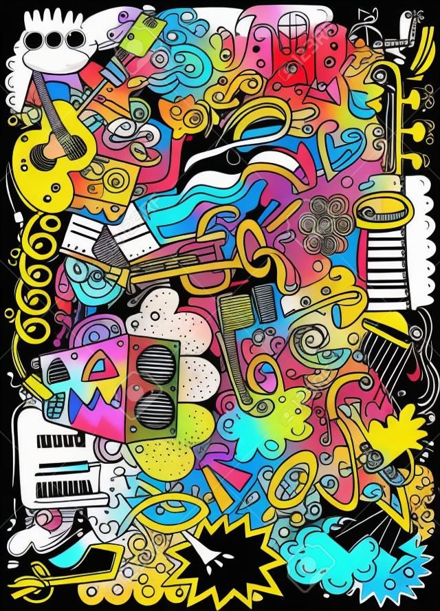 Abstract Music Background, Collage con strumenti musicali. Illustrazione vettoriale Doodle, illustrazione vettoriale.
