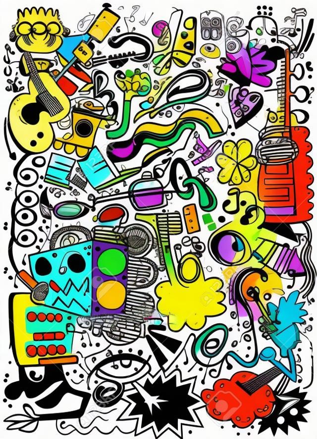Fond de musique abstraite, Collage avec instruments de musique. Dessin à la main Doodle, illustration vectorielle.