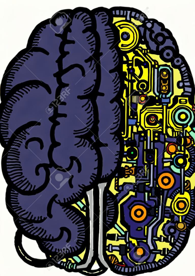 Ручная обратная векторная иллюстрация мозга человеческих машин с подробным объединенным мозгом человека с автоматическим оборудованием вычислительных машин.