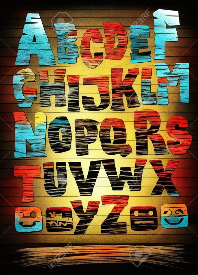 Pęknięty i porysowany krój czcionki wektor w stylu grunge, projekt czcionki dla alfabetu angielskiego z ilustracji tekstury rocka