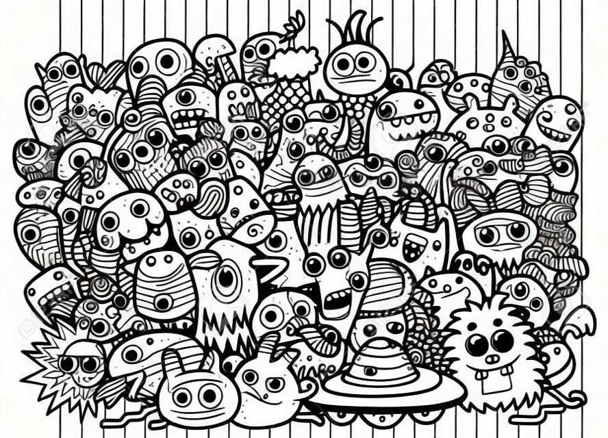 Funny monsters pattern for coloring book. Black and white background. Vector illustration