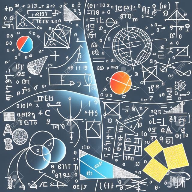 Fórmulas y fenómenos físicos. ilustración dibujada a mano. tablero de ciencia con matemáticas. educación física en la escuela