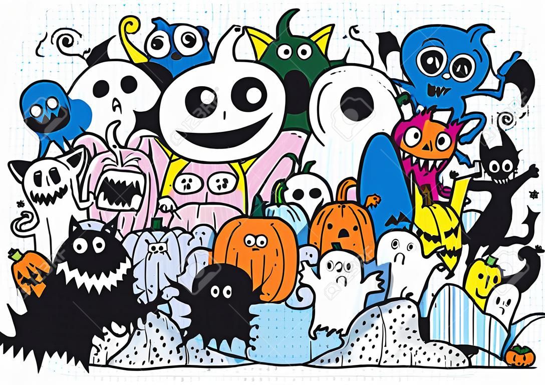 Doodle de contorno de Halloween feliz. Fantasma, morcego, abóbora, aranha, conjunto de monstros. Nuvem de laranja. Fundo branco Projeto plano Ilustração vetorial