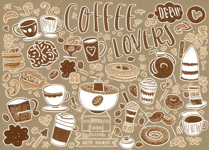 Set of hand drawn coffee and delicious sweets . Vector illustration. Cakes, biscuits, baking, cookie, pastries, donut, ice cream, macaroons. Perfect for dessert menu or food package desig