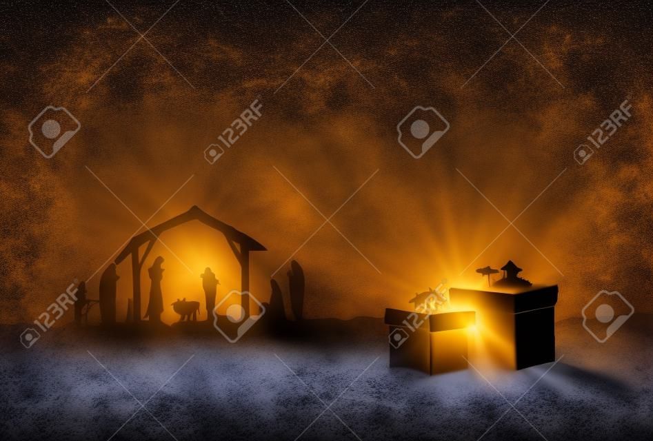 Naissance de Jésus silhouette de la crèche à Bethléem avec l'heure actuelle