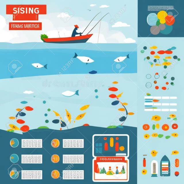 Pesca elementos infográficos. Establecer elementos para crear su propio diseño infográfico. Ilustración vectorial