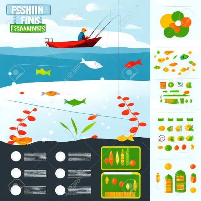 Рыбалка инфографики элементы. Установите элементы для создания собственного инфографики дизайн. Векторная иллюстрация