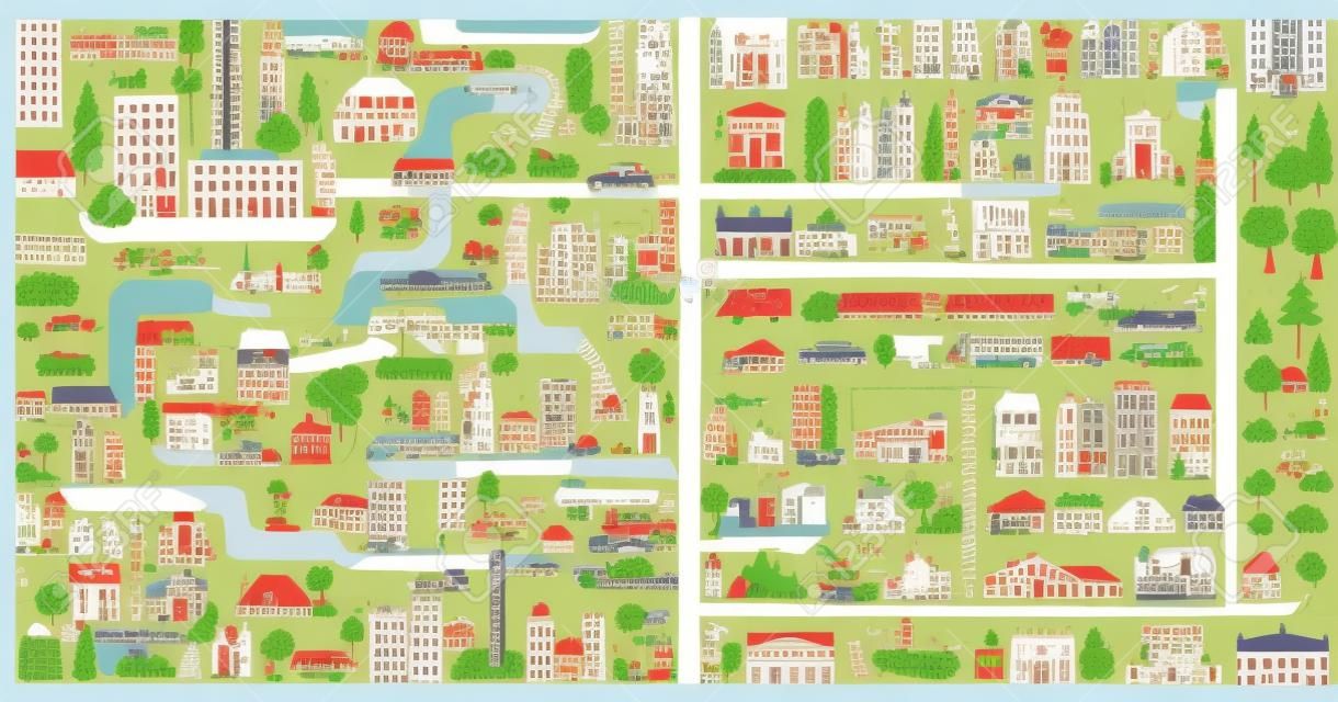 Gran ciudad mapa creator.Seamless mapa patrón de espacios de vivienda, infraestructura, industria, transporte, pueblo y juego de campo. Haga su ciudad perfecta. Ilustración vectorial