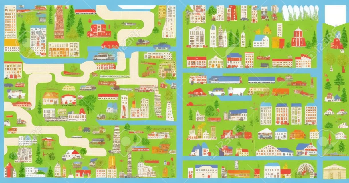 Grote stad kaart maker.Seamless patroon kaart en Huizen, infrastructuur, industrie, vervoer, dorp en platteland set. Maak uw perfecte stad. Vector illustratie