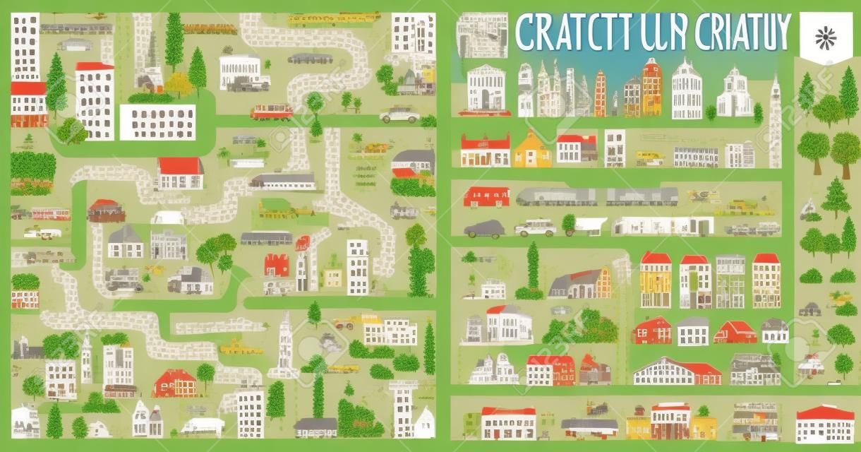 大城市地图造物主无缝格局图和房屋基础设施工业运输乡村集打造完美城市矢量插画