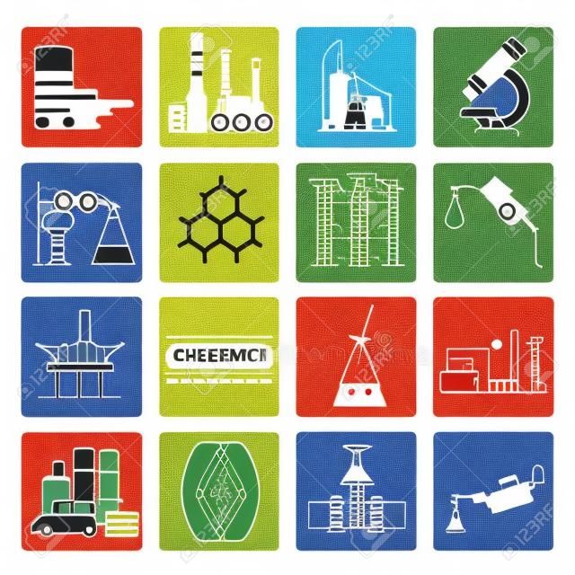 Conjunto de ícones da indústria química. Projeto da versão da cor. Ilustração vetorial