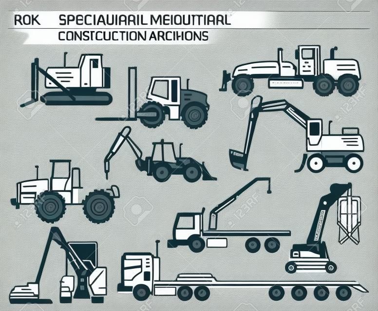 Set di icone vettoriali lineari per macchine stradali e costruzioni industriali speciali isolato su bianco. Illustrazione