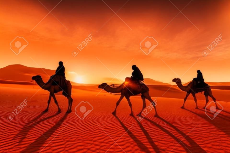 Três pessoas montando camelos na sobremesa durante o pôr do sol