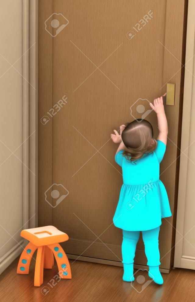 Aranyos kis baba lány próbál megnyitni ajtók