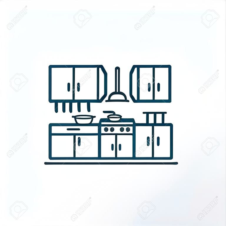 Symbole de ligne d'icône de jeu de cuisine. Élément de mobilier isolé de qualité supérieure dans un style branché.