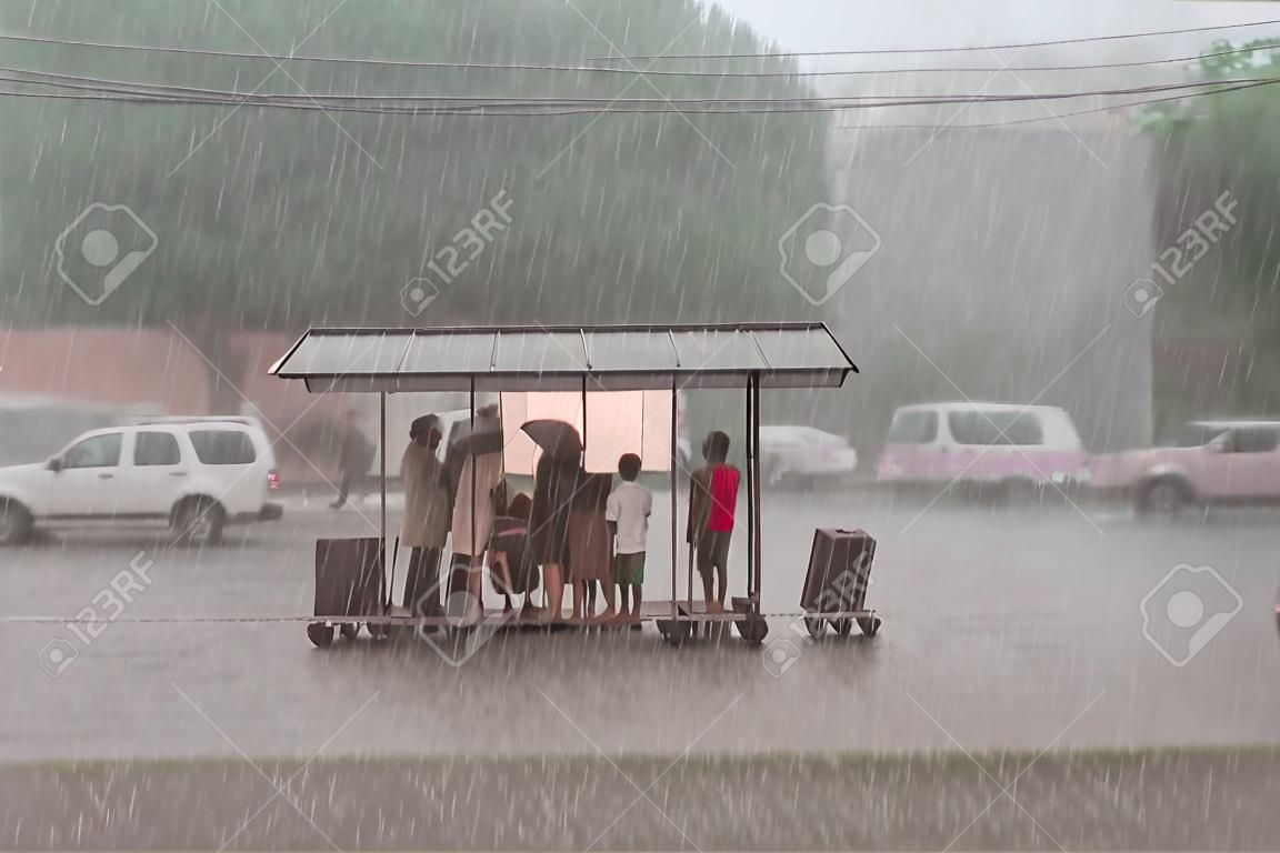 도시의 정류장에서 사람들의 군중이 폭우로부터 숨어 있습니다.