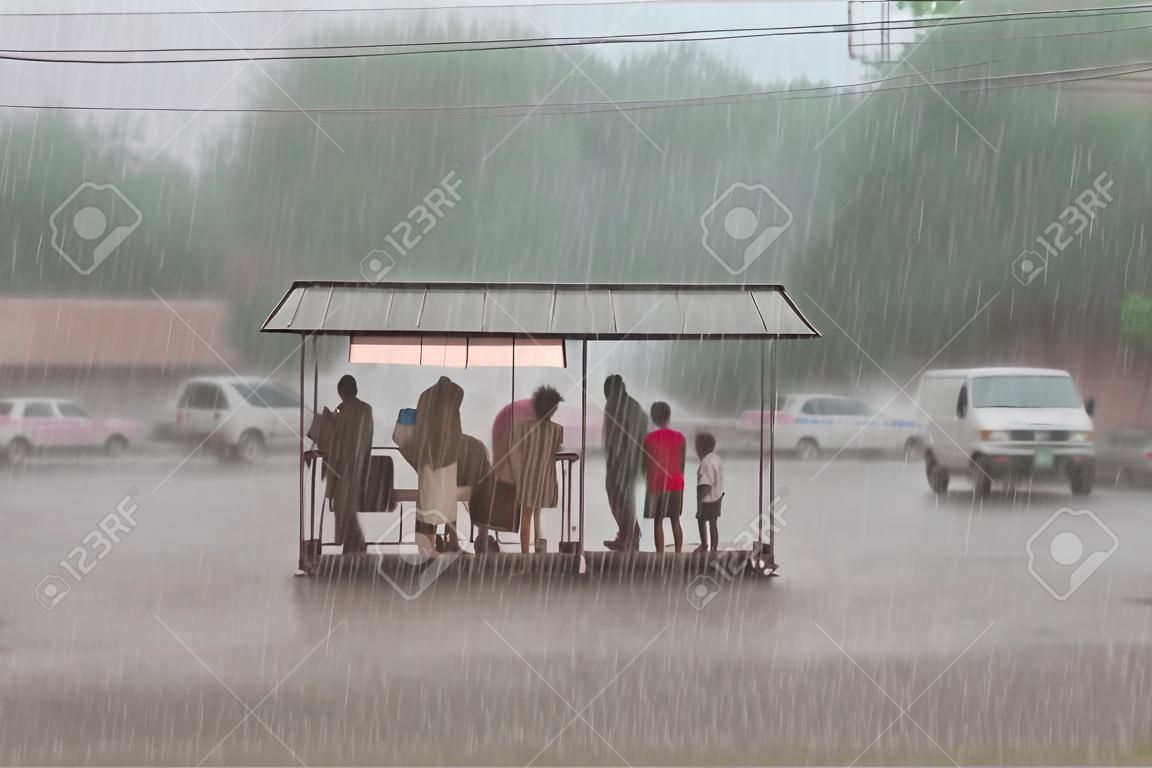 Una multitud de personas se esconde de las fuertes lluvias en una parada en la ciudad