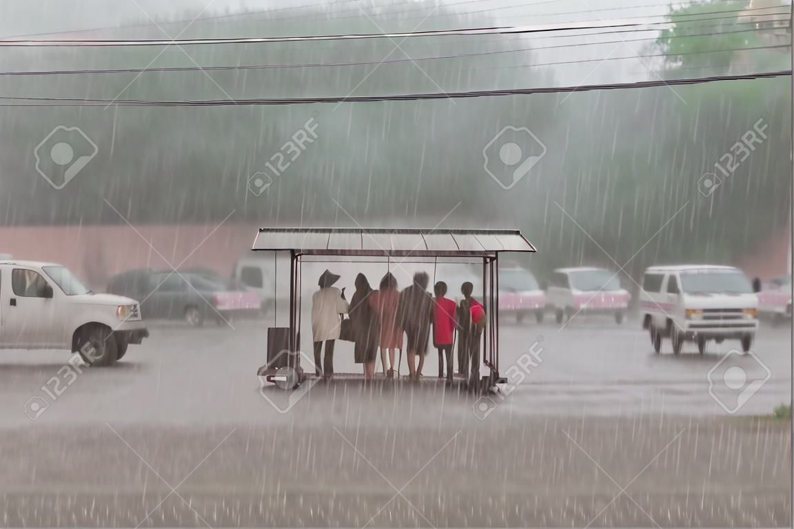 Foule de gens se cachent de la forte pluie à un arrêt dans la ville