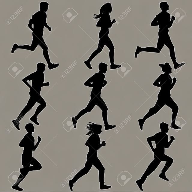 Zestaw sylwetki. Biegacze na sprint, mężczyźni. ilustracji wektorowych.