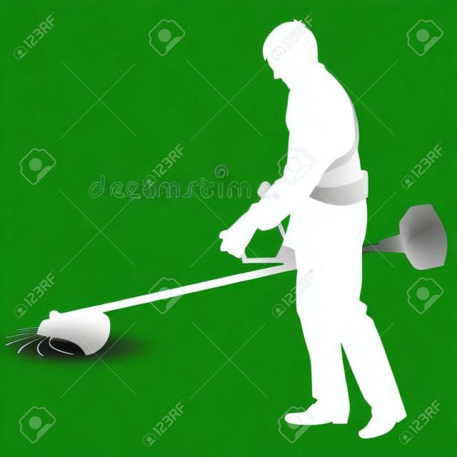 Silhouette worker of a garden cuts off  grass. Vector illustration.