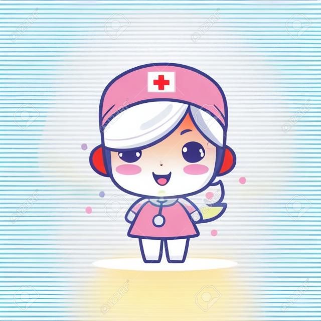 Schattig kawaii verpleegster chibi mascotte vector cartoon stijl