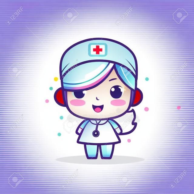 Schattig kawaii verpleegster chibi mascotte vector cartoon stijl