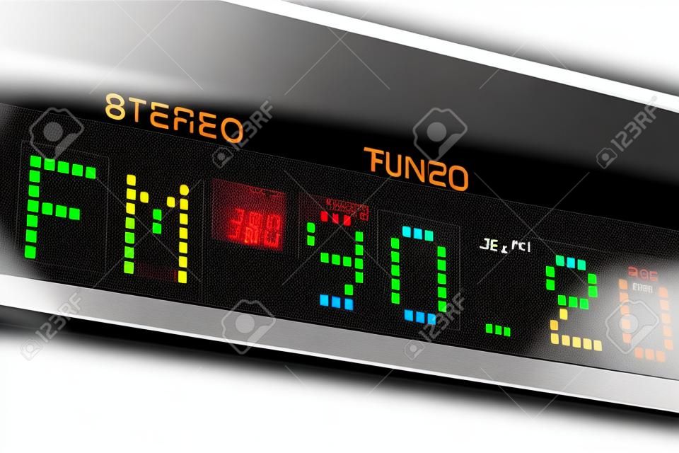 FM tuner radio display. Stereo digital frequency station tuned. Horizontal