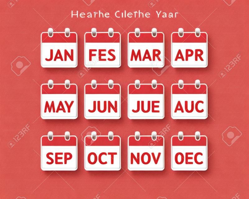 ページカレンダーアイコン、12か月、赤と白のカレンダーフラットデザイン