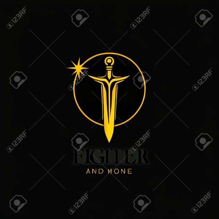 Logo d'épée légère de lune et d'étoiles, symbole d'icône de logo de combattant de guerrier dans la couleur d'or avec le fond noir
