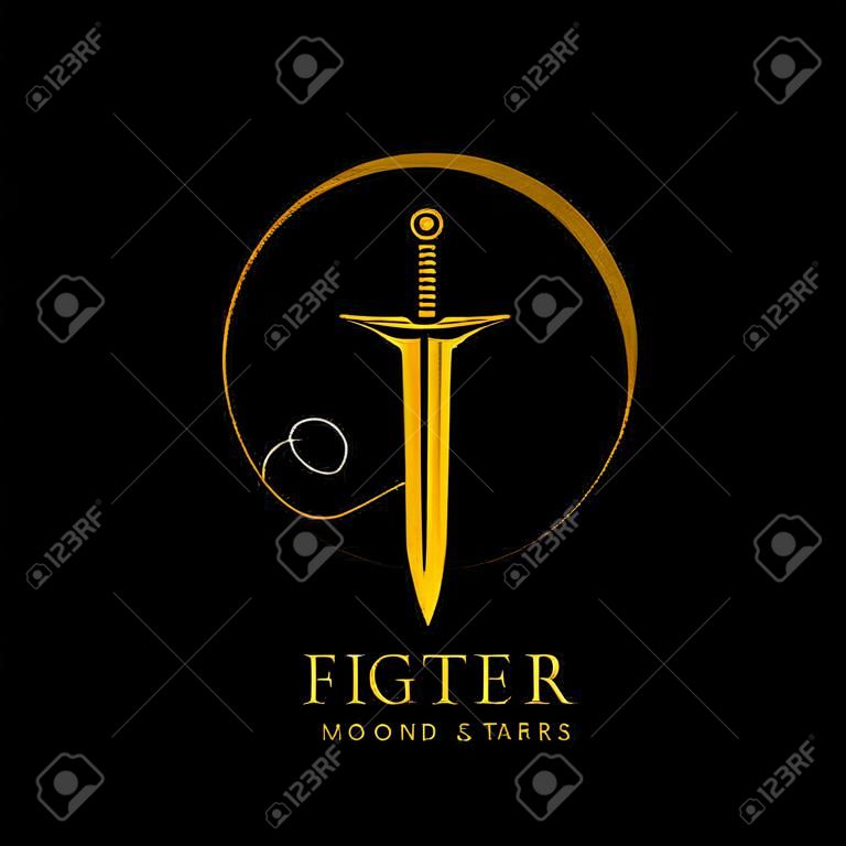 Logo d'épée légère de lune et d'étoiles, symbole d'icône de logo de combattant de guerrier dans la couleur d'or avec le fond noir