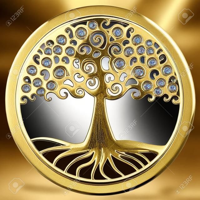 world tree life tree wheel gold medallion pendant