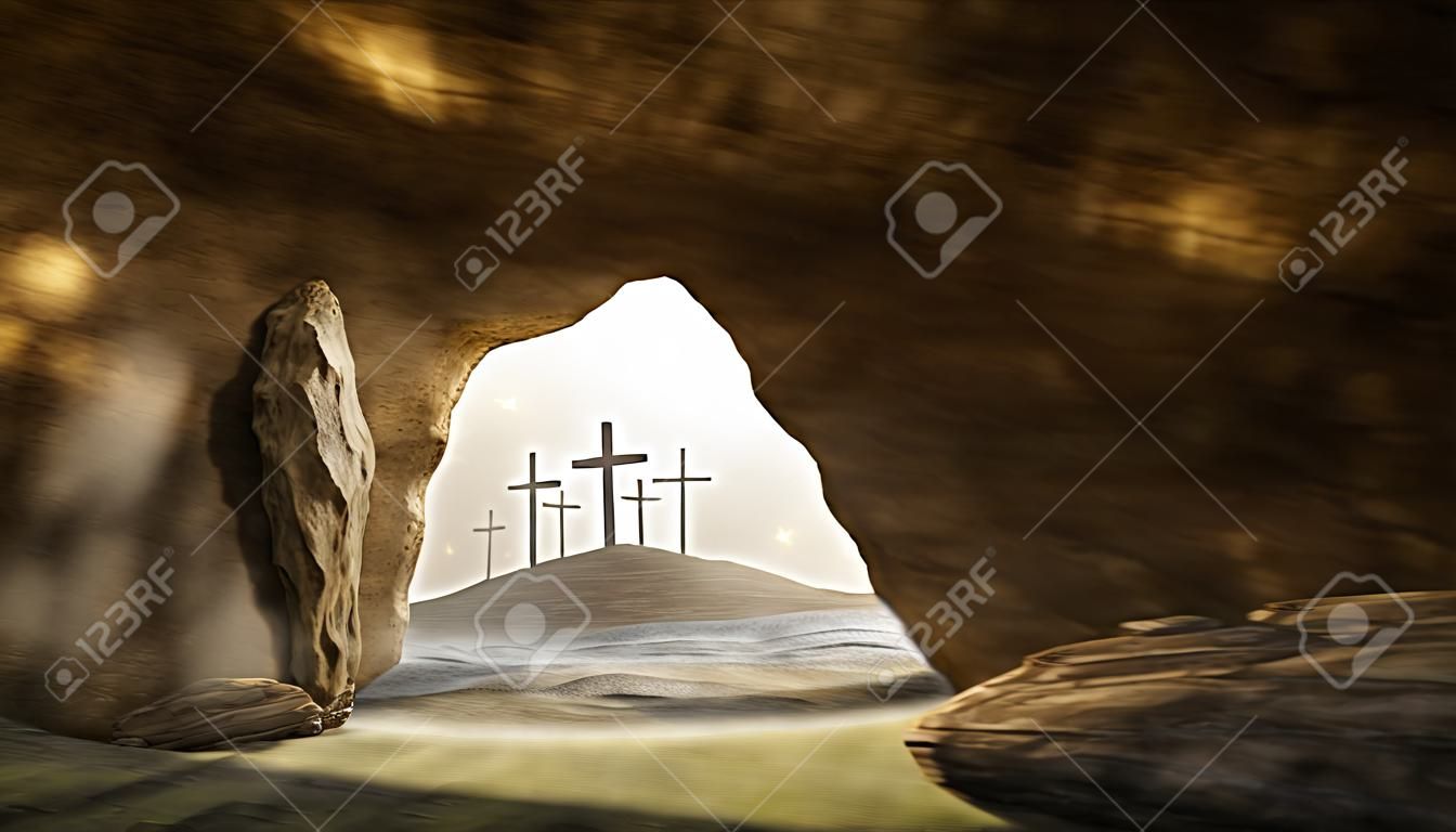 Sindone nella tomba vuota, risurrezione di Gesù Cristo, crocifissione, rendering 3d