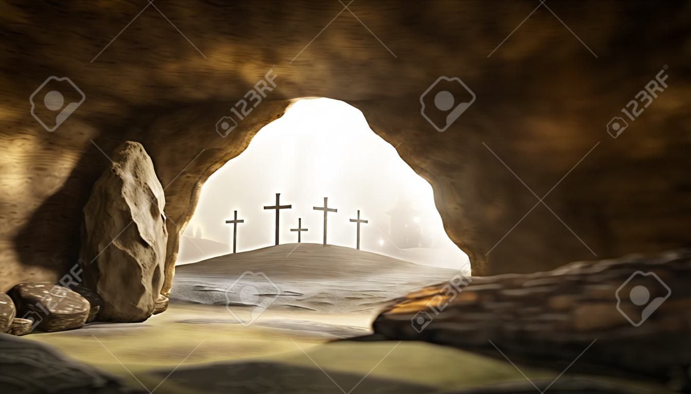 Sindone nella tomba vuota, risurrezione di Gesù Cristo, crocifissione, rendering 3d