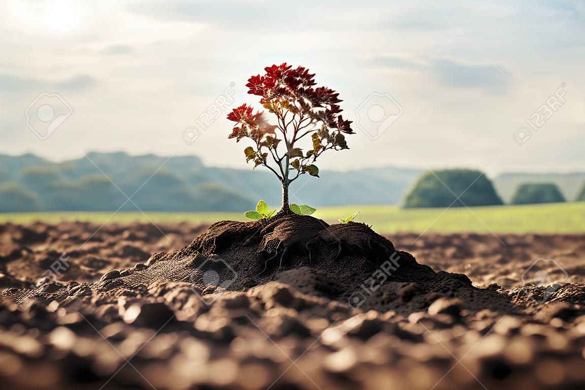 a small tree is growing out of the dirt in a field